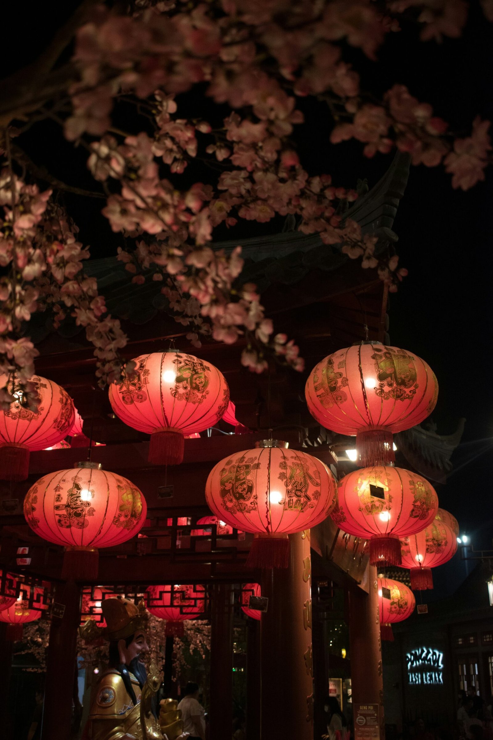A group of red lanterns hanging from a tree